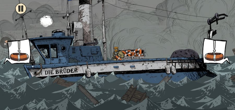 Es ist ein Schiff abgebildet. In der Mitte steht die Spielfigur vor einem Vorrat an Rettungsringen. Die See ist rau, links und rechts sind Sprechblasen, die je einen Rettungsring mit Ausrufezeichen enthalten.