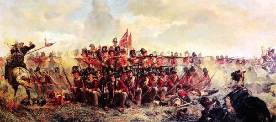 Beispiel für die Karree Formation: „The 28th Regiment at Quatre Bras“, Öl auf Leinwand, 1875 gemalt von Elizabeth Thompson
(Quelle: Wikimedia Commons)
