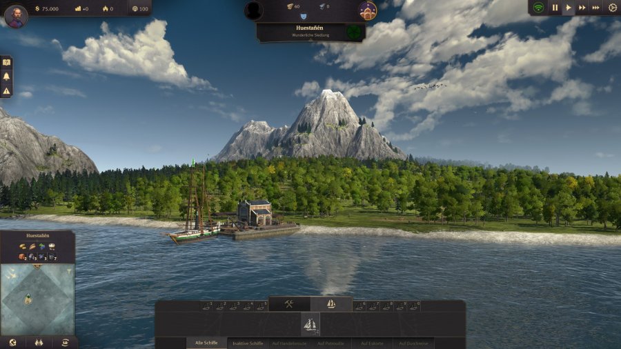 Screenshot von Anno 1800. Im Vordergrund ist ein Meer zu sehen, im Hintergrund Land und einige Berge.