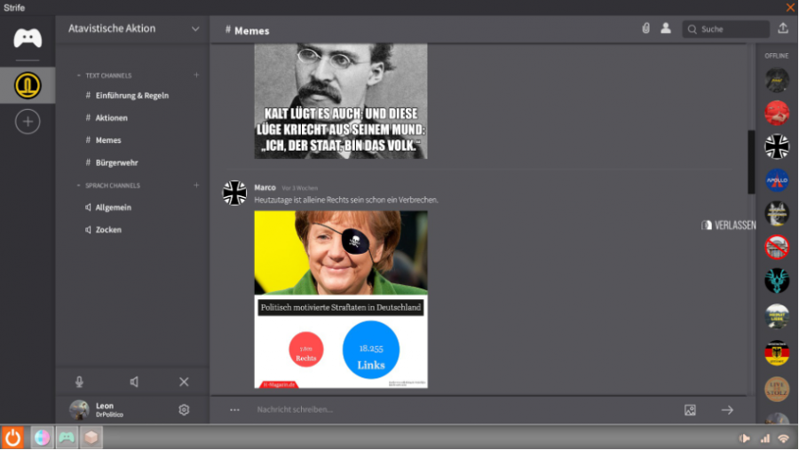 Gaming-Chat mit rechtsradikalen Memes, u.a. unter Verwendung eines Bildes von Angela Merkel.