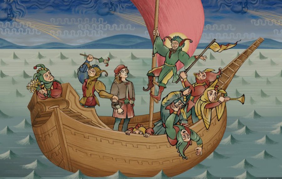 Narren auf einem Segelschiff, gemalt im mittelalterlichen Stil.