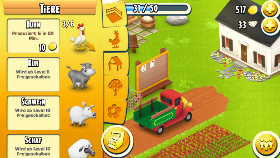 Screenshot von Hay Day. In der Mitte ein LKW. Ein Bauerhof und links ein Spielmenü. Alles ist sehr bunt.