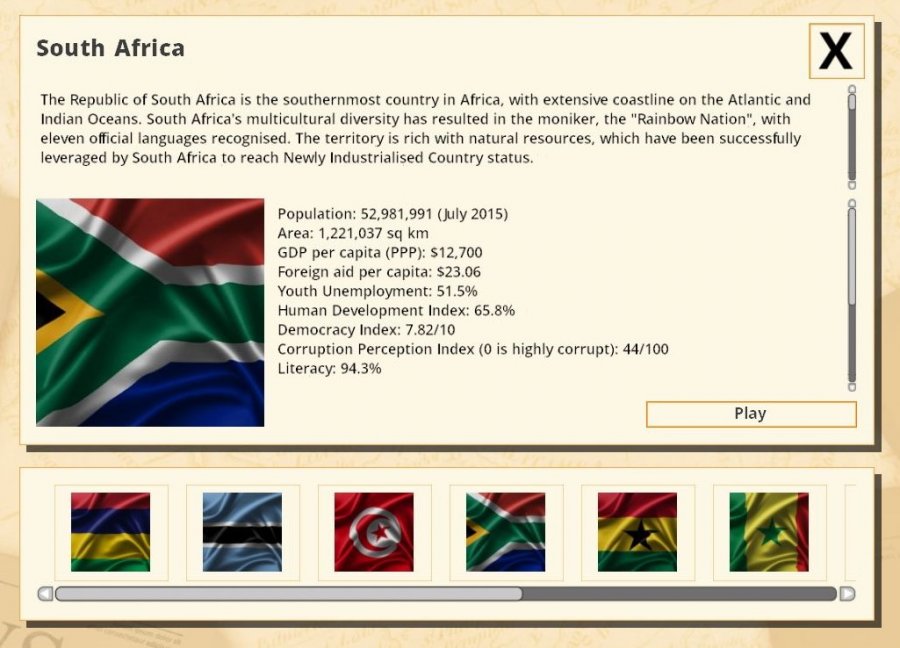 Der Hintergrund ist ocker gefärbt. In der Mitte sieht man die wichtigsten Daten zu Südafrika. Das Land hat fast 53 Millionen Einwohnerinnen und Einwohner.
