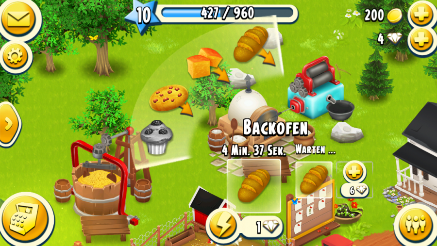 Ein Screenshot aus dem Spiel Hay Day. In der Mitte ein Backofen. Es läuft eine Zeit ab. Mögliche Backwaren werden angezeigt.