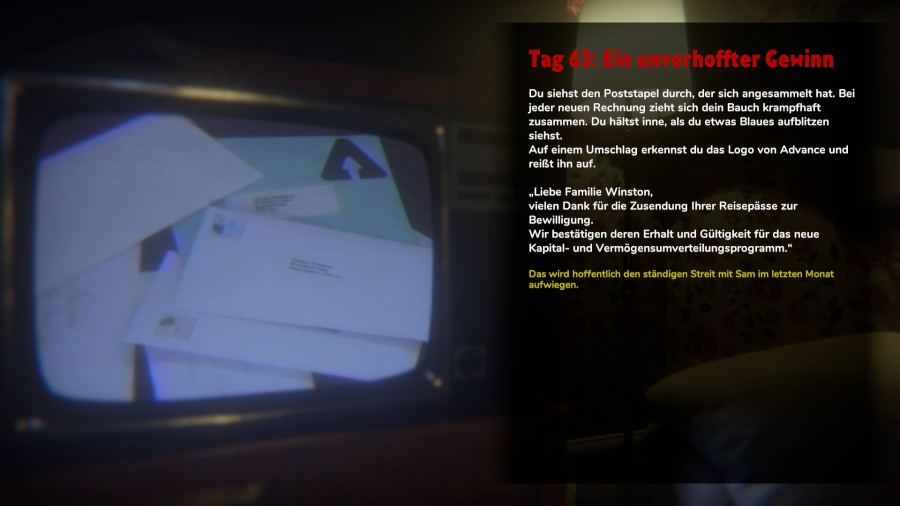 Auf einem dunklen Hintergrund ist links ein TV-Bildschirm mit Briefen zu sehen. Rechts steht ein Text mit dem Titel "Tag 63: Ein unverhoffter Gewinn". Es geht um das Umverteilungsprogramm der Regierung.