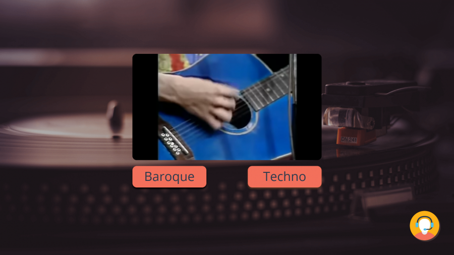 Im Vordergrund ist ein Bildausschnitt eines Videos zu sehen, in dem jemand Gitarre spielt. Darunter sind die Buttons "Baroque" und "Techno".