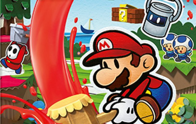 Man sieht einen Ausschnitt aus der Spielverpackung: Mario schlägt mit seinem Hammer auf den Boden. Im Hintergrund flüchtet ein ShyGuy und zwei blaue Toads jubeln.