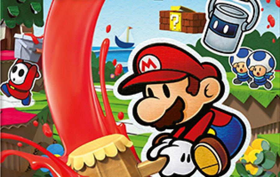 Man sieht einen Ausschnitt aus der Spielverpackung: Mario schlägt mit seinem Hammer auf den Boden. Im Hintergrund flüchtet ein ShyGuy und zwei blaue Toads jubeln.