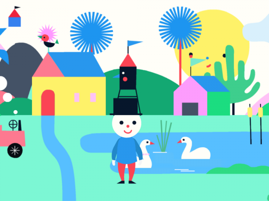 Auf dem Bild sieht man in bunten Farben einen Jungen vor einem See mit Schwänen, einem Haus und einem Traktor. Im Hintergrund scheint die Sonne.