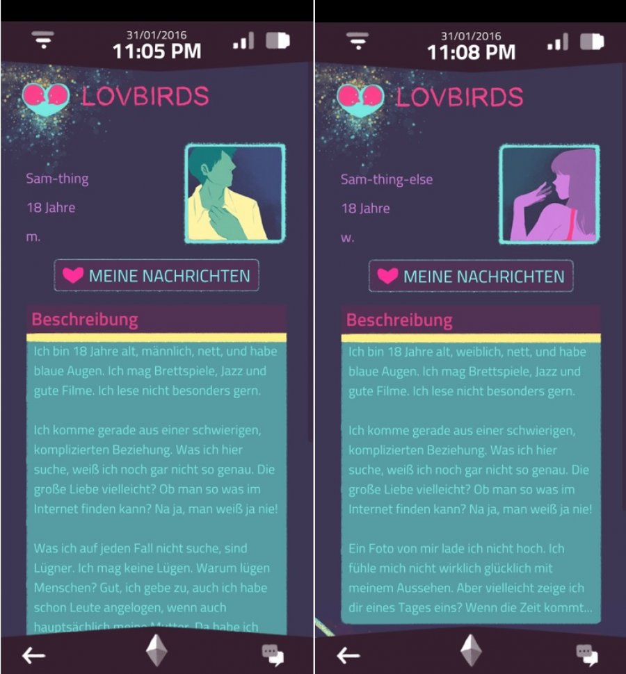 Es sind zwei Screenshots der Dating-App zusehen. Links ein männliches Profil, rechts ein weibliches.
