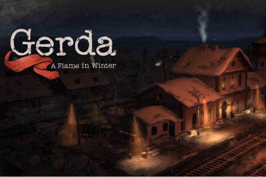 Titelbild des Spiels. Es ist ein Bahnhof bei Nacht zu sehen. Schriftzug: „Gerda. A Flame in Winter.“