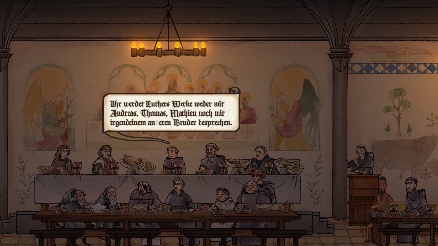 Mönche sitzen beim Abendessen auf Bänken im Kloster. Der Baron ist zu Gast und möchte Martin Luthers Ansichten diskutieren. Die Mönche sehen verärgert aus.