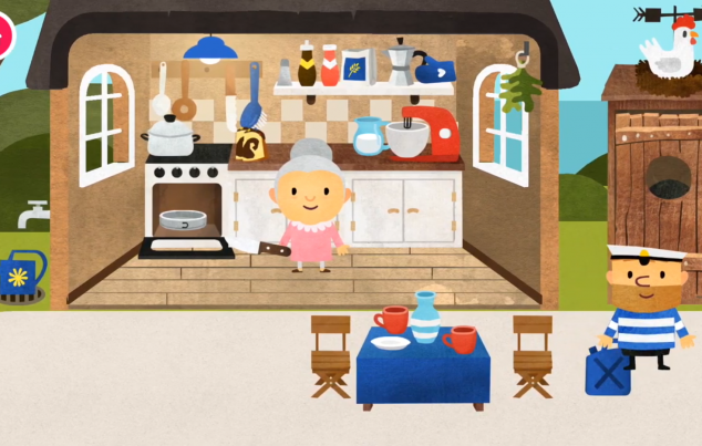 Ein Screenshot. Man sieht eine bunte Comic-Welt. In einem kleinen Haus steht eine Oma in der Küche und schneidet Kuchen. Ein kleiner Mann mit Matrosen-Kleidung steht davor. Es ist Fiete. Er hat einen Benzinkanister neben sich stehen. Der Tisch vor dem Haus ist gedeckt.