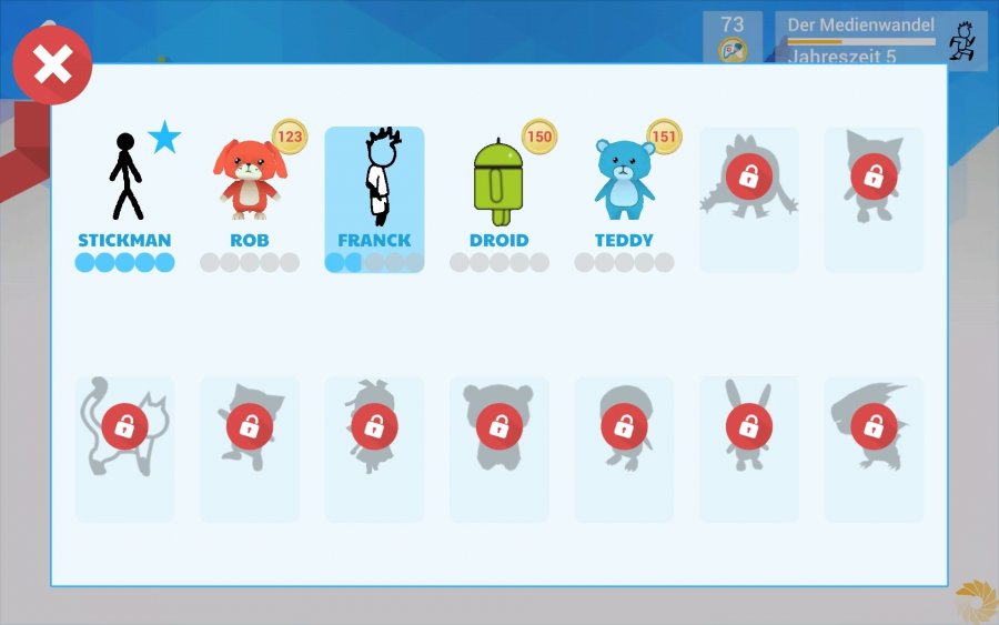 Screenshot: 16 verschiedene Spielfiguren in der Shop-Auswahl, davon 11 ausgegraut.