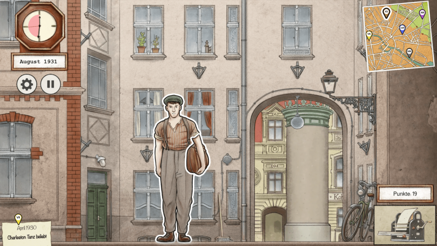 Screenshot aus dem Spiel. Im Zentrum steht weiß umrandet ein junger Mann mit Mütze. Er hat einen Rucksack unter dem Arm. Er steht in einer gezeichneten Straßenszene.