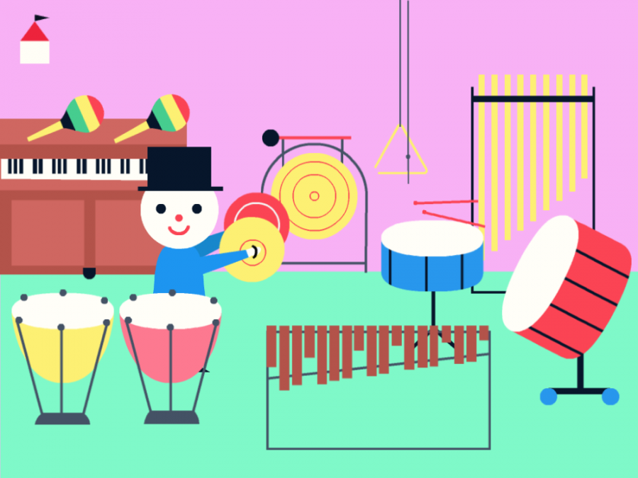 Ein Junge ist in einem Raum mit vielen Instrumenten. Unter anderem befindet sich ein Klavir, Trommeln und Becken im Zimmer.