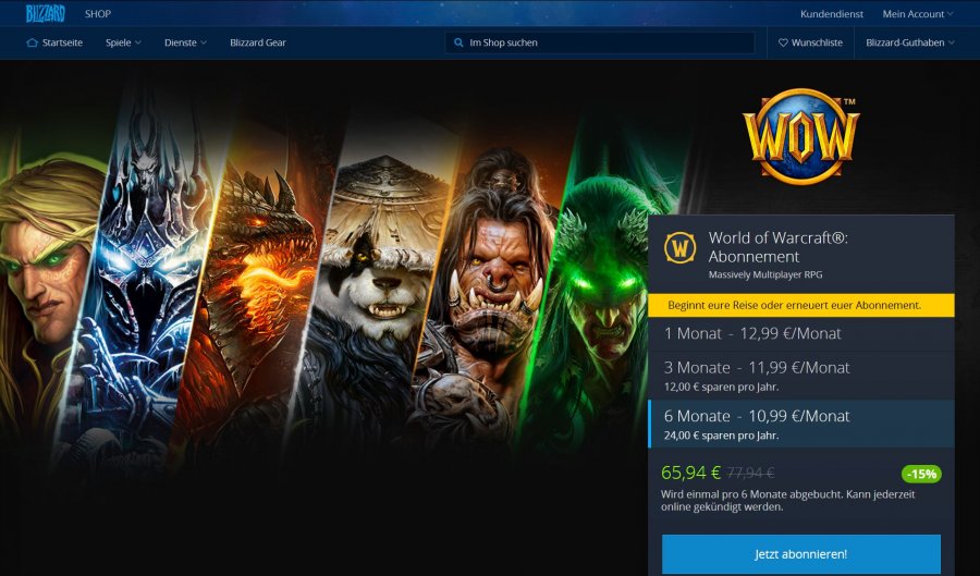 Screenshot von World of Warcraft, Angebote für das Abo.