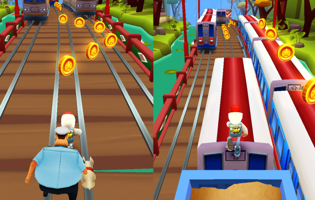 Zwei Screenshots aus dem Spiel Subway Surfers. Die linke Spielfigur ist ziemlich dick und hat ein hellblaues Hemd an.
