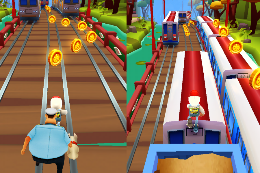 Zwei Screenshots aus dem Spiel Subway Surfers. Die linke Spielfigur ist ziemlich dick und hat ein hellblaues Hemd an.
