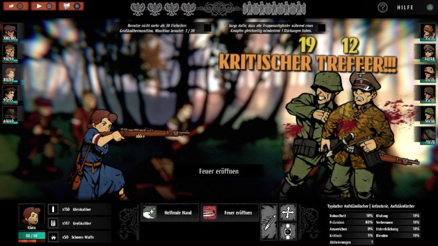 Eine Widerstandskämpferin schießt mit einem Karabinergewehr und trifft zwei Wehrmachtssoldaten gleichzeitig. Blut spritzt aus den Körpern der Soldaten. Schriftzug: "Kritischer Treffer!!!"