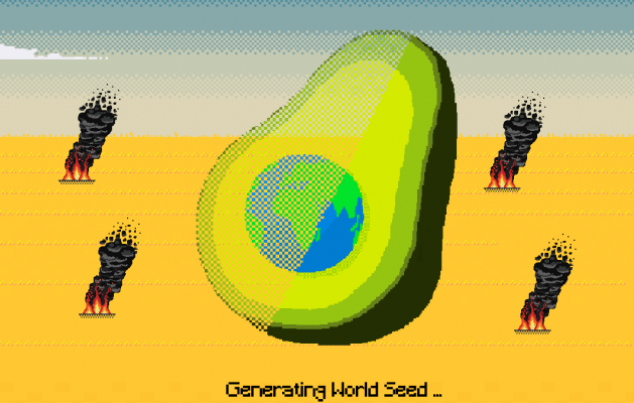 Eine Avocade vor einer brennenden Steppe im Pixel-Stil. Darunter der Schriftzug "Generating World Seed ..."