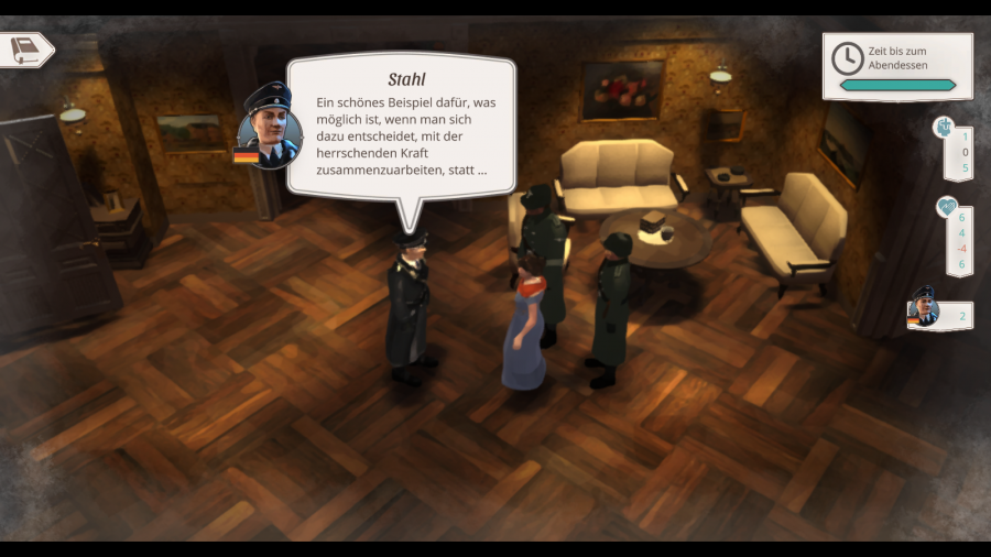 In der Spielszene befinden sich die Figuren in einem Wohnzimmer. Um eine Frau herum stehen drei deutsche Soldaten. Einer von ihnen ist Offizier. Er sagt etwas. Das ist durch eine Sprechblase angedeutet.
