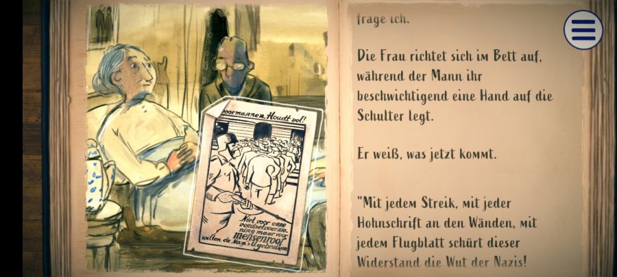 Ein aufgeschlagenes Buch ist zu sehen. Links ist eine Frau abgebildet, die im Bett liegt. Neben ihr sitzt ein Mann. Rechts ist ein Tagebucheintrag zu sehen. In der Mitte liegt ein Flugblatt, das eine niederländische Karikatur der Nazis zeigt.