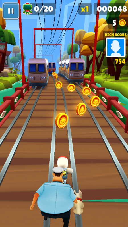 Ein Screenshot auf dem Mobile Game "Subway Surfers". Das Spiel läuft im Hochformat.