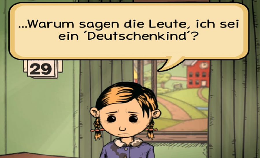 Karin blickt die spielende Person an. In einer Sprechblase fragt sie, warum die Leute sie als "Deutschenkind" bezeichnen.