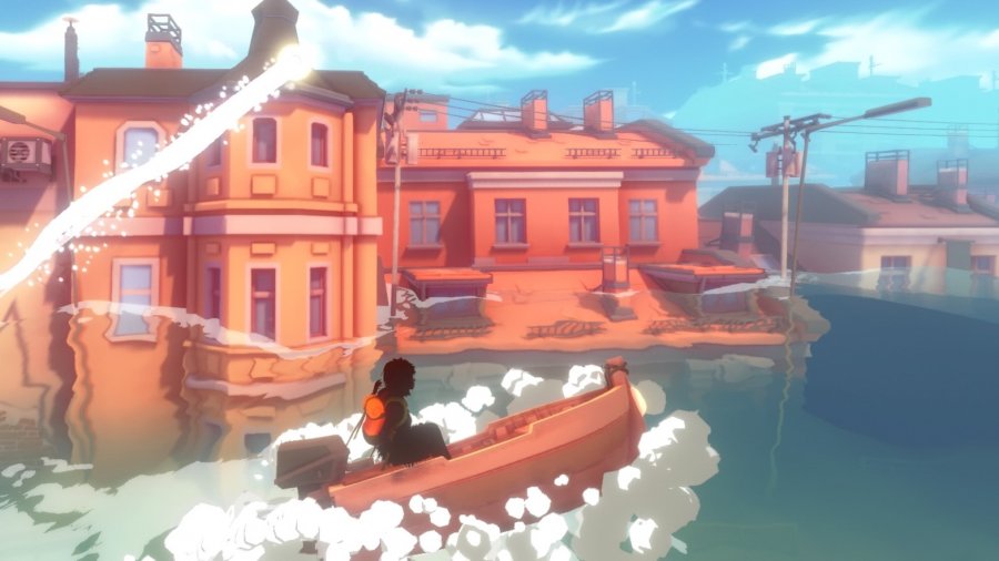 Eine dunkle Gestalt fährt in einem Boot über das Meer. Im Hintergrund sieht man Häuser die zur Hälfte im Wasser versunken sind.