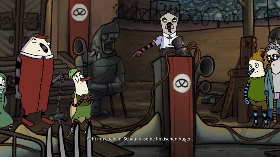Screenshot: Diktator Emil steht hinter einem Rednerpult und zeigt auf einen Gefangenen.
