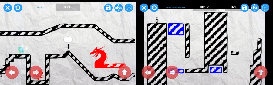 Screenshot: Zweidimensionale Level in Seitenansicht. Links: Drachenartiges Monster in rot. Rechts: Hindernislauf.