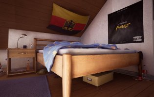 Computergrafik: Ein leeres Bett, über dessen Kopfende eine umgedrehte Deutschlandfahne an der angrenzenden Dachschräge hängt. Neben dem Bett an der Wand hängt ein schwarzes Poster mit der Aufschrift "Mit eiserner Faust".