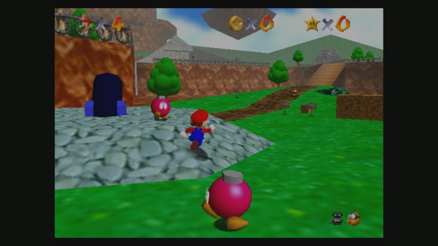 Mario läuft und springt auf einer Wiese.
