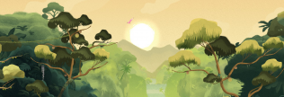 Eine Jungle-Landschaft. Links und rechts sind Bäume, in der Mitte ein Fluss, Berge, die Sonne und ein Vogel.