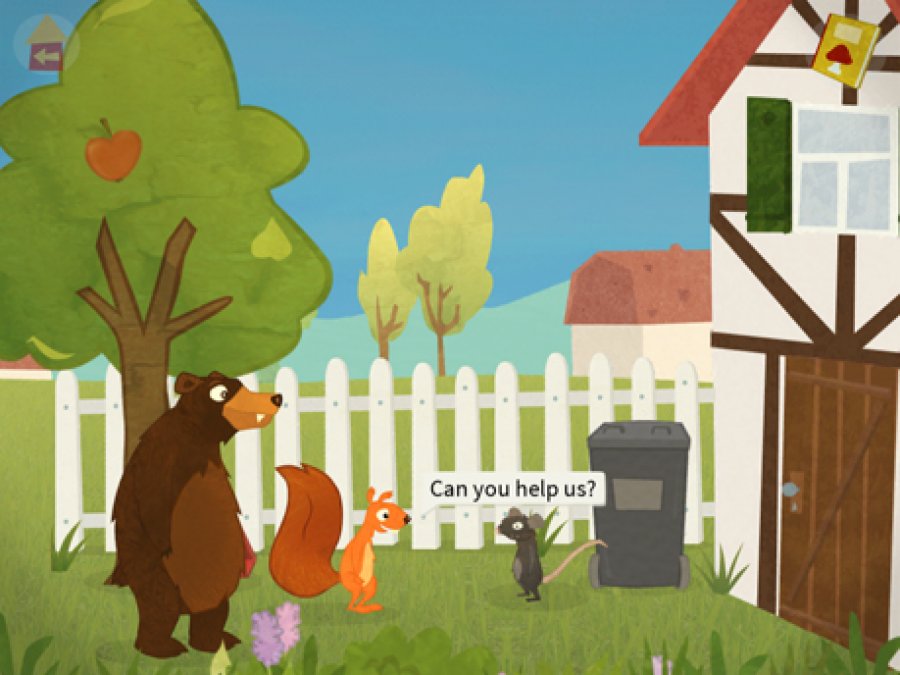 Ein Bär und ein Eichhörnchen sprechen mit einer Ratte, die fragt: "Can you help us"?