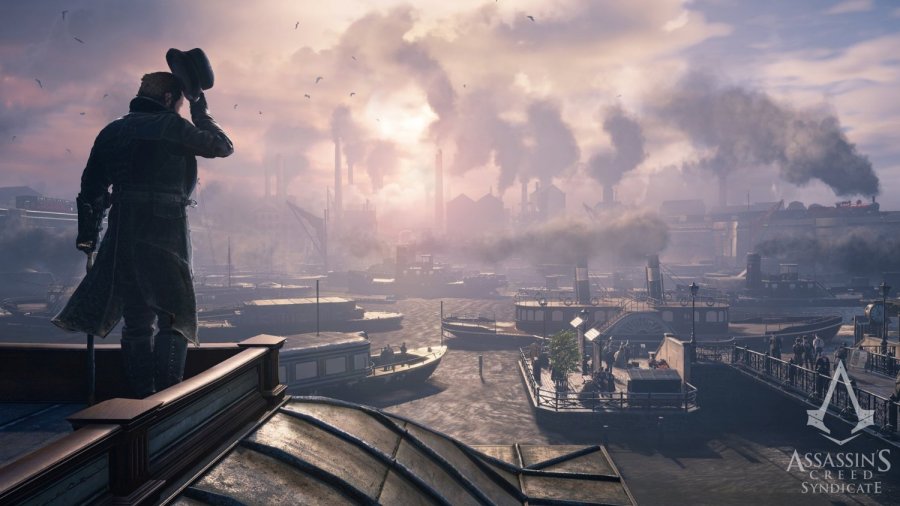 Spielfigur steht oben auf den Dächern Londons und blickt dabei auf den verqualmten hafen, der als Industrieknotenpunkt genutzt wird.