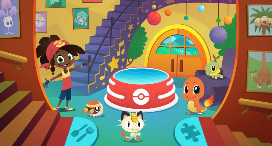 Es wird der Flur im Pokémon Spielhaus gezeigt, von dem aus man in die verschiedenen Spielzimmer gelangt. Es sind eine Begleiterin und einige Pokémon zu sehen.