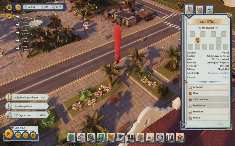Spielszene Tropico 6, eine Stadtszene von oben. Ein roter Pfeil zeigt auf eine Person hinter einer Palme.