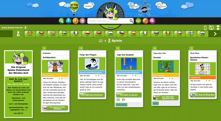 Screenshot des Online-Portals "Blinde Kuh". Sie ist in grün gehalten und sehr nach 2000er Jahren aus.