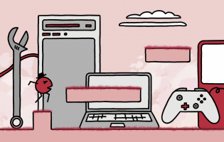 Zu sehen ist eine 2D-Landschaft, die an Jump'n Run-Klassiker wie Super Mario Bros. erinnert. Im Vordergrund springt ein rotes Strichmännchen - ein "Bpbchen" auf einen Vorsprung. Im Hintergrund sind verschiedene technische Geräte zu sehen, wie zum Beispiel ein Laptop, ein Gameboy und ein Controller. Am linken Bildrand ist ein Schraubenschlüssel zu sehen.