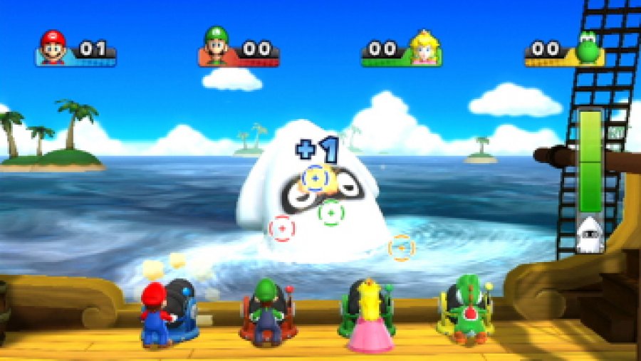 Vier Figuren aus der Mario-Welt zielen auf ein Meeresungeheuer.