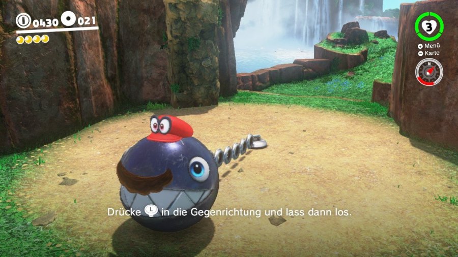 Die neue Fähigkeit: Capern! Hier hat Mario gerade einen Kettenhund gecapert, zu erkennen an Cappy und dem Schnurrbart.