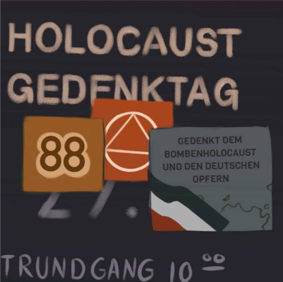 Zeichnung eines Plakats mit Aufschrift "Holocaust Gedenktag". Beklebt mit Stickern mit der Aufschrift "88", "Gedenkt dem Bombenholocaust und den deutschen Opfern".