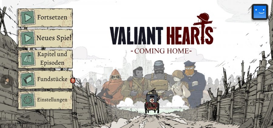 Screenshot des Startmenüs von Valiant Hearts – Coming Home. In der Mitte sind die Protagonisten zu sehen.