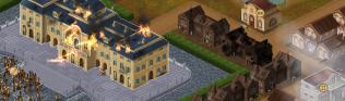 Screenshot des Spiels. Links ist ein Palast zu sehen, den Protestierende mit Brandbomben bewerfen