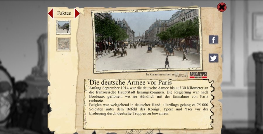 Der Screenshot des Spiels zeigt eine Infotafel zum Ersten Weltkrieg, die ab uns zu im Spiel Valiant Hearts aufploppen und historische Ereignisse näher erklären.
