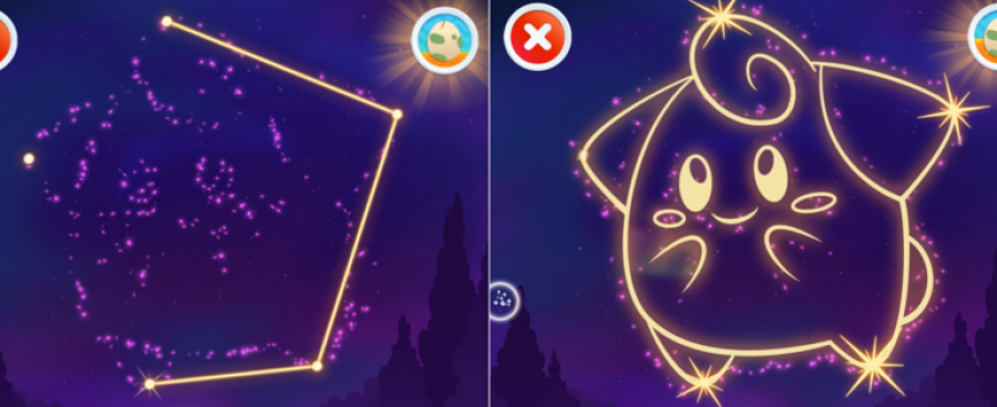 Ähnlich wie bei einem Bild, auf dem die Zahlen verbunden werden müssen, leuchten hier verschiedene Sterne hell am Nachthimmel. Diese ergeben ein Pokémon, wenn man sie mit dem Finger verbindet.