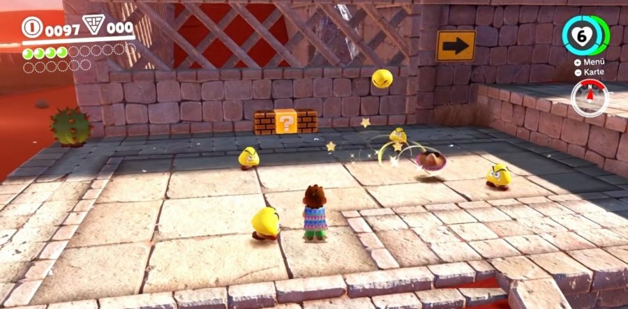 Mario schleudert Cappy und wirbelt die Gegner in die Luft. Anschließend werden sie zu einem Stern-Feuerwerk und lassen eine Münze fallen. Mario kann den verschiedenen Gegnern aber auch ganz klassisch auf den Kopf springen, mit demselben Effekt.