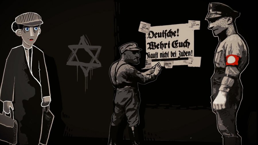 Werbematerial des Spiels. Es sind zwei Nazi-Schergen und eine jüdische Person zu sehen. Sie hängen ein Schild auf: "Deutsche, kauft nicht bei Juden".